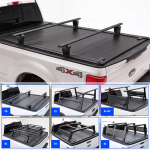 Black truck bed cover and rack system shown installed on a white F-250 Super Duty truck, with a main large view and six smaller inset views labeled CB, R1, R1+SP, R2, R3, and R6.