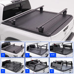 Black truck bed cover with crossbar shown installed on a white Frontier truck, plus six smaller inset views showing different rack configurations labeled CB, R1, R1+SP, R2, R3, and R6.