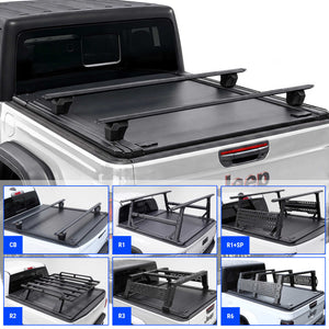 SYETIC USA tonneau cover with crossbar shown installed on a white Jeep Gladiator truck, plus six smaller inset views showing different cover configurations labeled CB, R1, R1+SP, R2, R3, and R6.