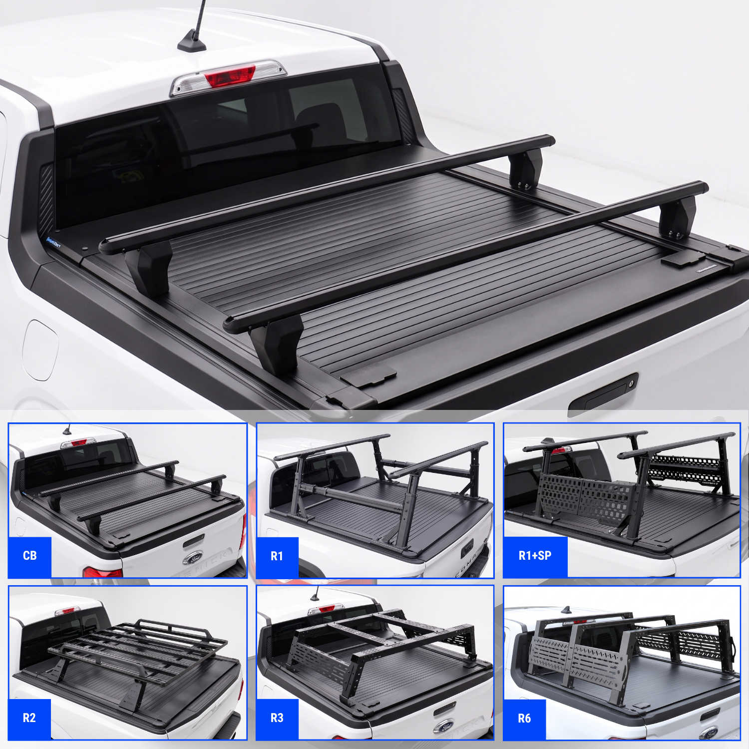 Black truck bed tonneau cover with integrated roof rack bars shown installed on a white Ford Maverick, plus six smaller inset views labeled CB, R1, R1SP, R2, R3, and R6 showing different configurations.