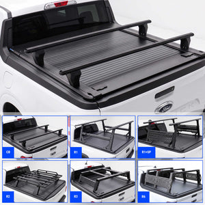 Black truck bed tonneau cover with integrated roof rack bars shown installed on a white Ford Maverick, plus six smaller inset views labeled CB, R1, R1SP, R2, R3, and R6 showing different configurations.