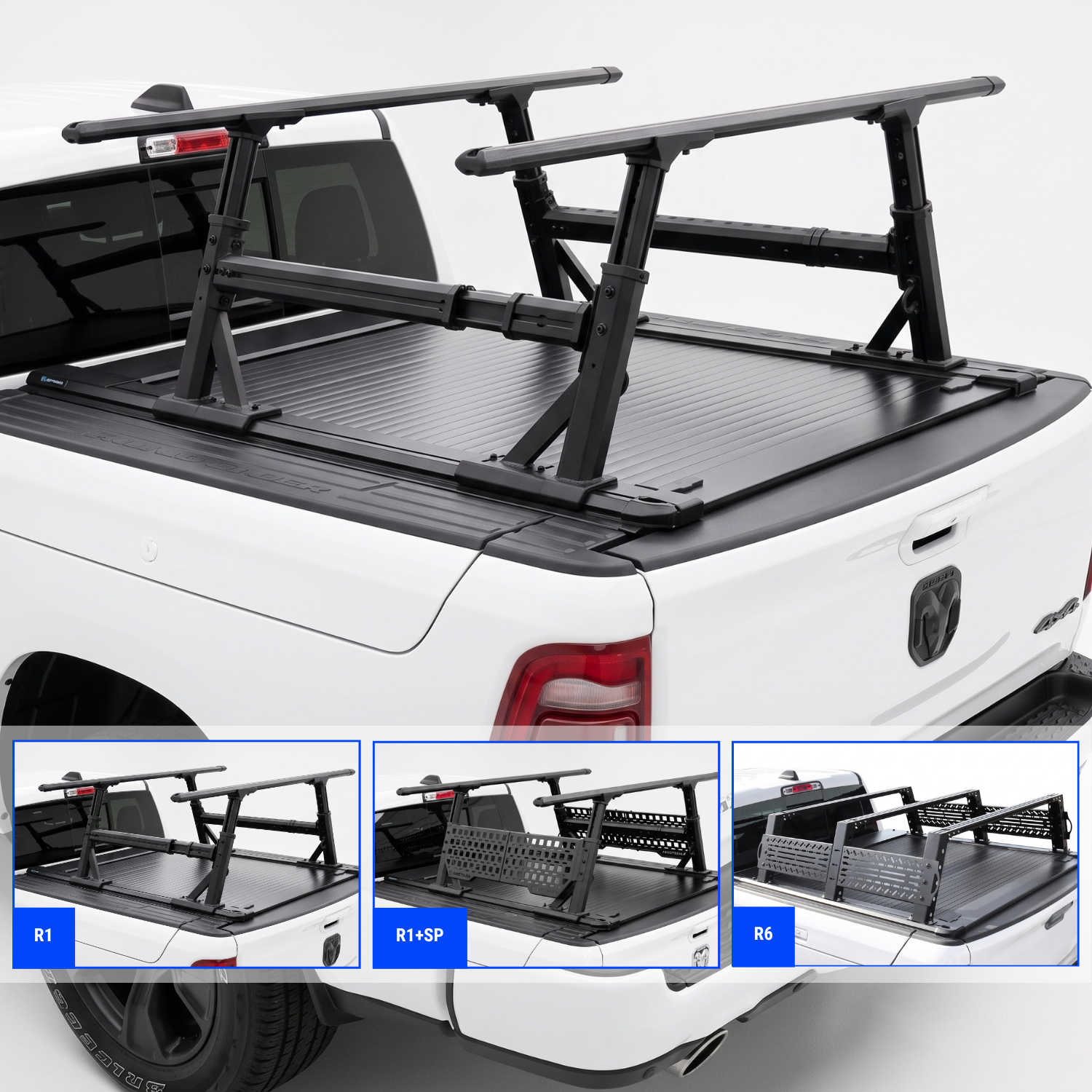 Black truck bed cover with integrated r1 ladder rack, shown installed on the bed of a white rambox truck. Three smaller inset views at the bottom show different bed configurations labeled R1, R1+6P, and R6.