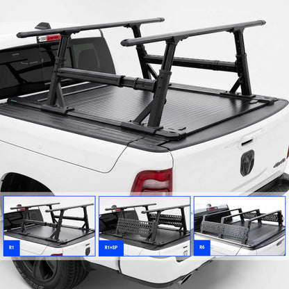 Black truck bed cover with integrated r1 ladder rack, shown installed on the bed of a white rambox truck. Three smaller inset views at the bottom show different bed configurations labeled R1, R1+6P, and R6.