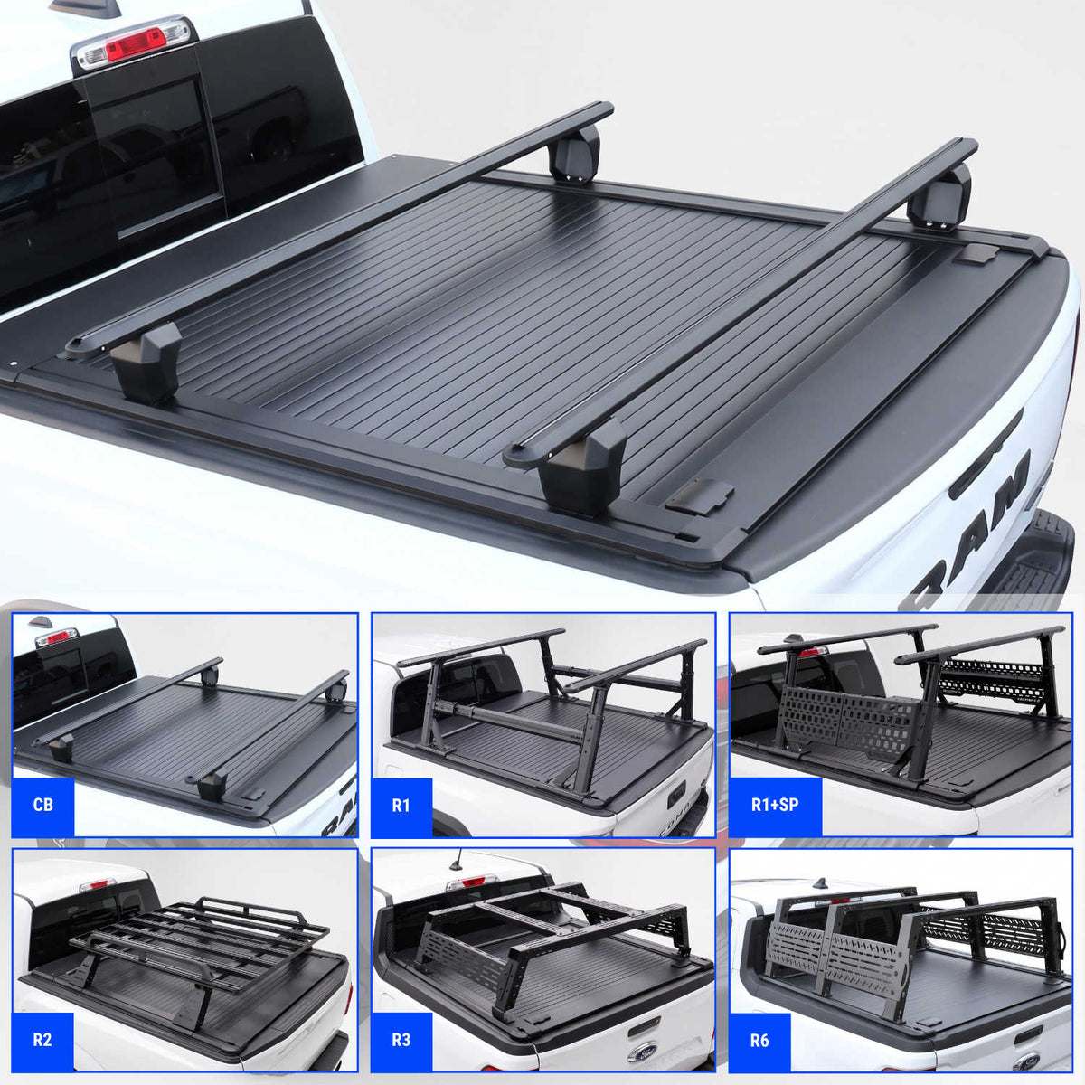 Black truck bed cover with crossbars shown installed on the tailgate of a white RAM 1500 truck, plus six smaller inset views below showing different cover styles labeled CB, R1, R1+SP, E2, R3, and N6.