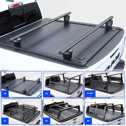Black truck bed cover with crossbars shown installed on the tailgate of a white RAM 1500 truck, plus six smaller inset views below showing different cover styles labeled CB, R1, R1+SP, E2, R3, and N6.