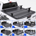 Black truck bed cargo cover with crossbars shown installed on a white Ranger Raptor truck, plus six smaller inset views labeled CB, R1, R1+SP, R2, R3, and R6 showing different configurations.