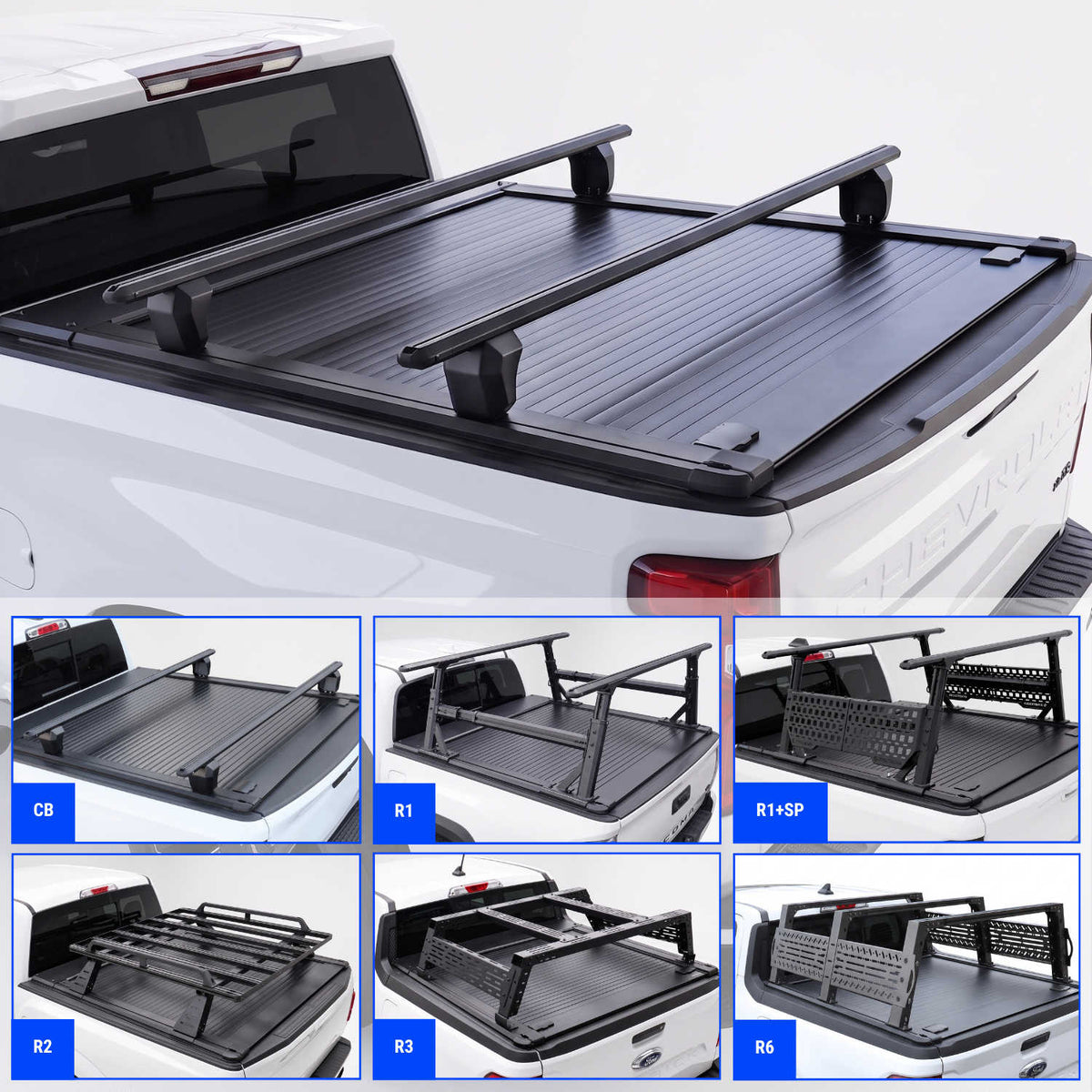Black truck bed cover with crossbar shown mounted on the bed of a white silverado 1500 truck, plus six smaller inset views at the bottom showing different configurations labeled CB, R1, R1+SP, E2, R3, and N6.