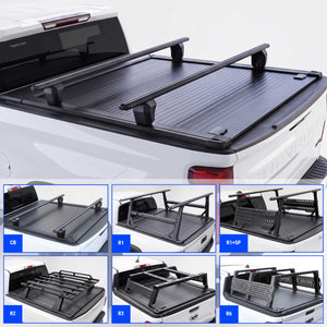 Black truck bed cover with crossbar shown mounted on the bed of a white silverado 1500 truck, plus six smaller inset views at the bottom showing different configurations labeled CB, R1, R1+SP, E2, R3, and N6.