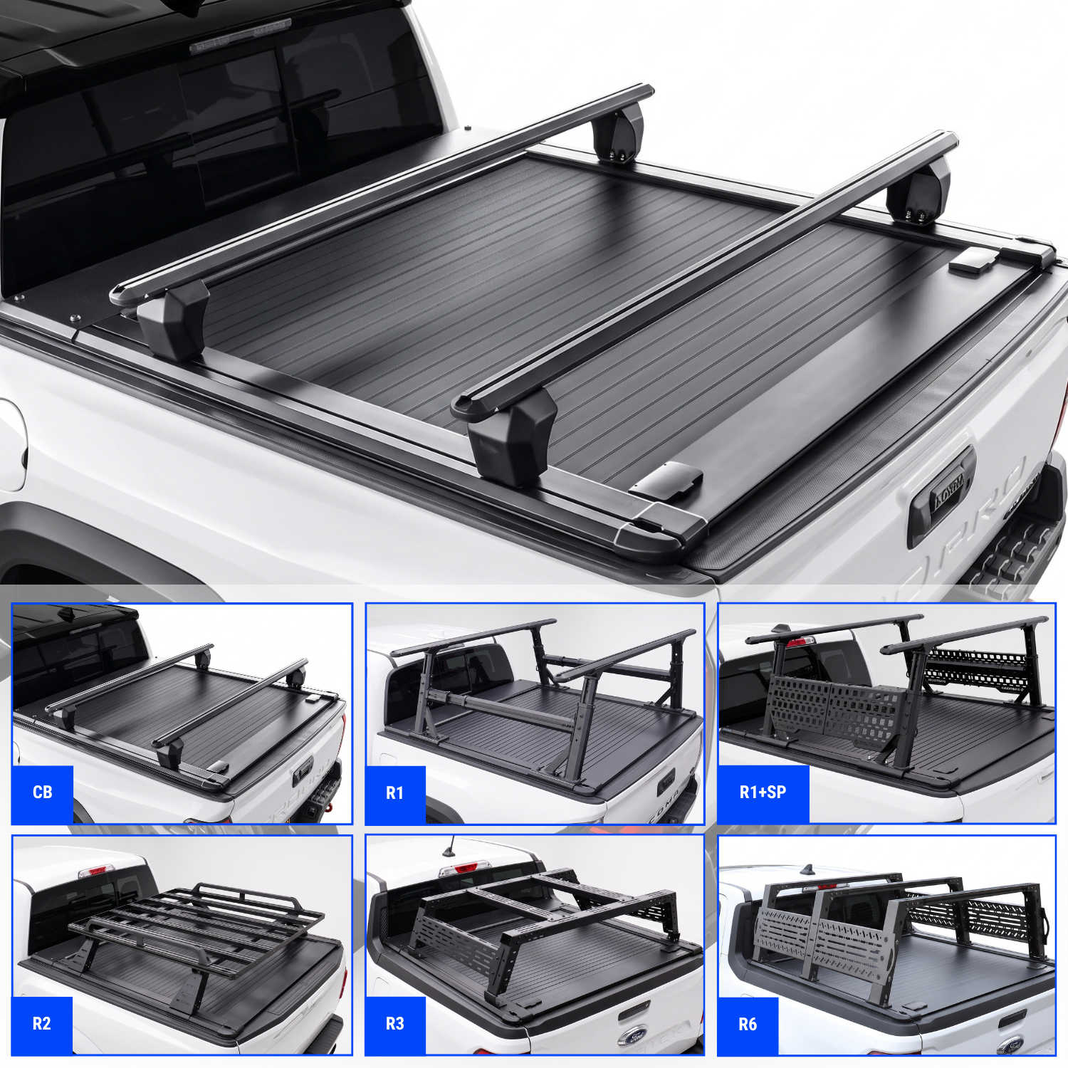 Black tacoma truck bed cover with roof rack crossbars mounted on a white Tacoma truck, shown with six smaller inset product configuration options labeled CB, R1, R1+SP, E2, R3, and N6.