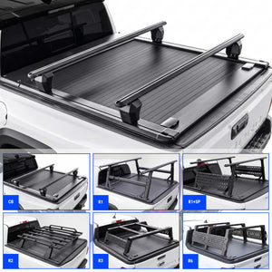 Black tacoma truck bed cover with roof rack crossbars mounted on a white Tacoma truck, shown with six smaller inset product configuration options labeled CB, R1, R1+SP, E2, R3, and N6.