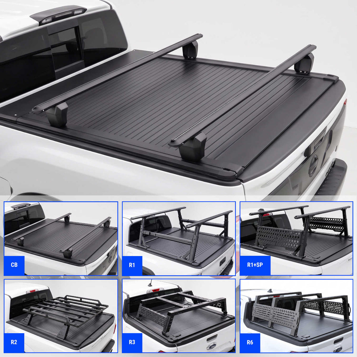 Black truck bed cover with crossbars shown installed on a white Titan truck, plus six smaller inset views showing different rack configurations labeled CB, R1, R1+SP, R2, R3, and R6.