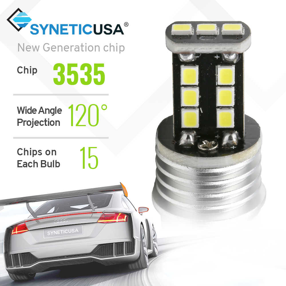SYNETICUSA LED bulb with specifications and a car in the background