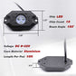 An underwater LED light fixture shown in two views with technical specifications and dimensions. The product is black with an octagonal shape, featuring a top view showing three LED chips and a bottom view showing the back with screw holes and a cable.