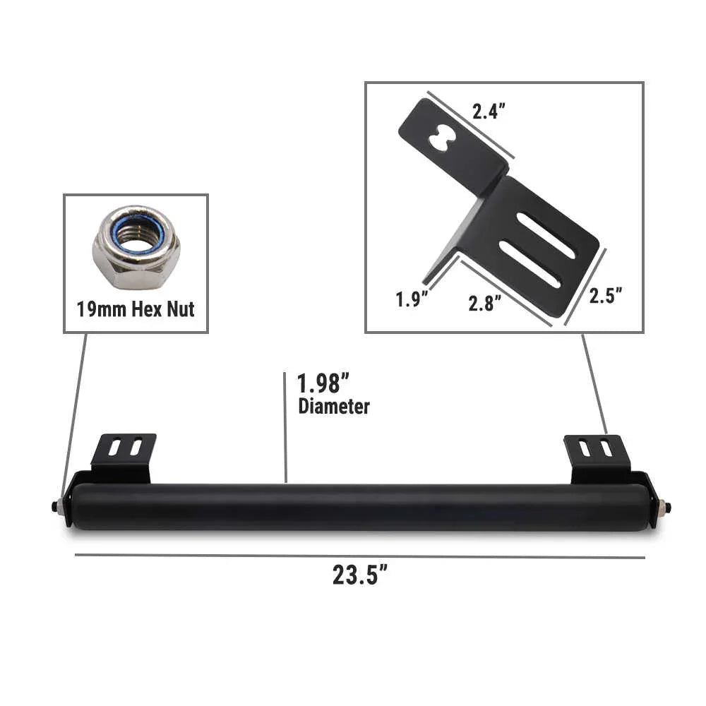Black metal ladder roller with measurements and a 19mm hex nut on a white background