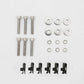 A hardware kit containing six silver metal screws, six silver washers, six small silver rings, and six black plastic clips, arranged neatly on a white background.