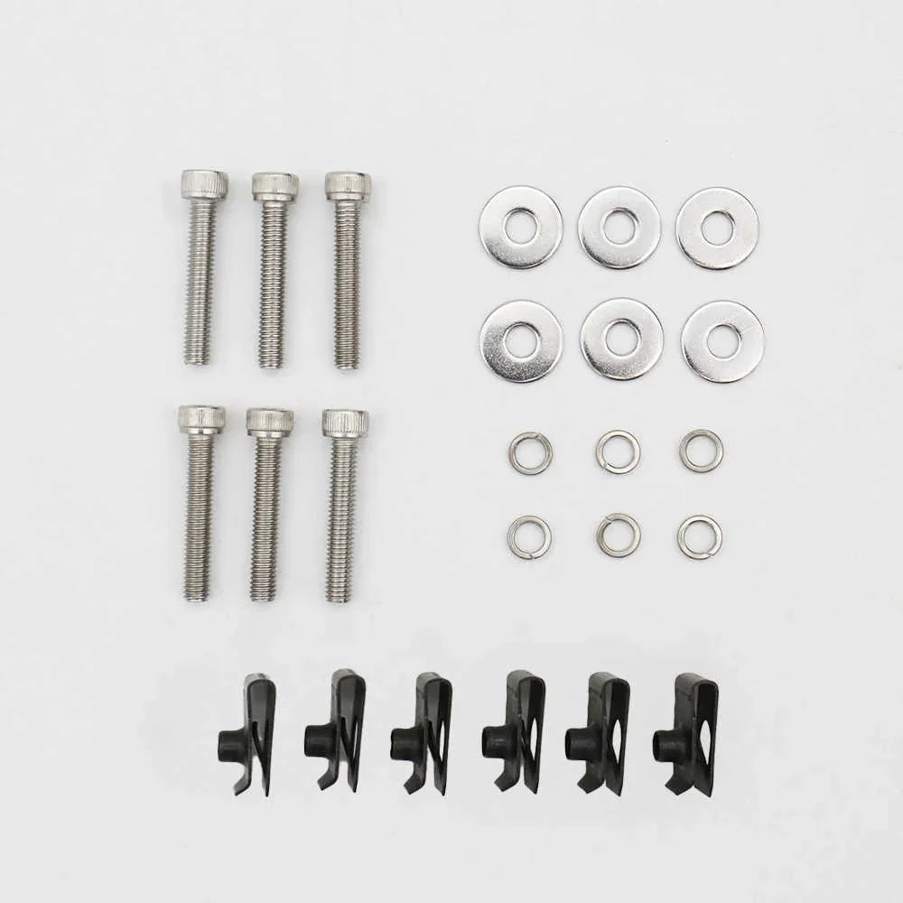 A hardware kit containing six silver metal screws, six silver washers, six small silver rings, and six black plastic clips, arranged neatly on a white background.