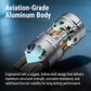 An aviation-grade aluminum cylindrical component shown on a dark blue gradient background with text overlays highlighting its hollow-shell design and structural strength.