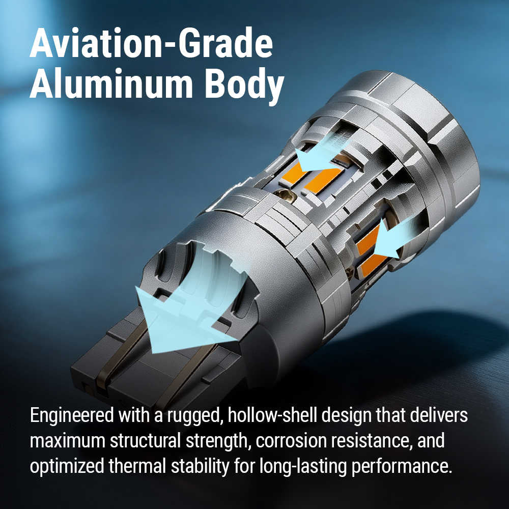 An aviation-grade aluminum cylindrical component shown on a dark blue gradient background with text overlays highlighting its hollow-shell design and structural strength.