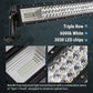 Triple row curved LED working light bar with 6000K white light, 3030 LED chips, and flood spot combo beam.