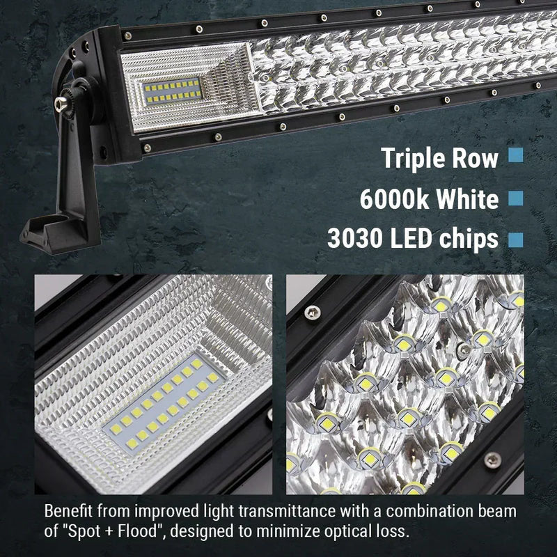 Triple row curved LED working light bar with 6000K white light, 3030 LED chips, and flood spot combo beam.