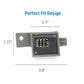 A small rectangular automotive electronic component with a mounting tab on the left, shown on a white background with blue text reading 'Perfect Fit Design' and dimension lines indicating 2.1 inches width, 1.