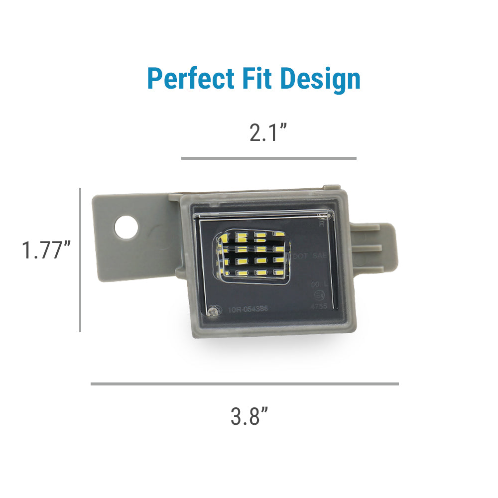 A small rectangular automotive electronic component with a mounting tab on the left, shown on a white background with blue text reading 'Perfect Fit Design' and dimension lines indicating 2.1 inches width, 1.