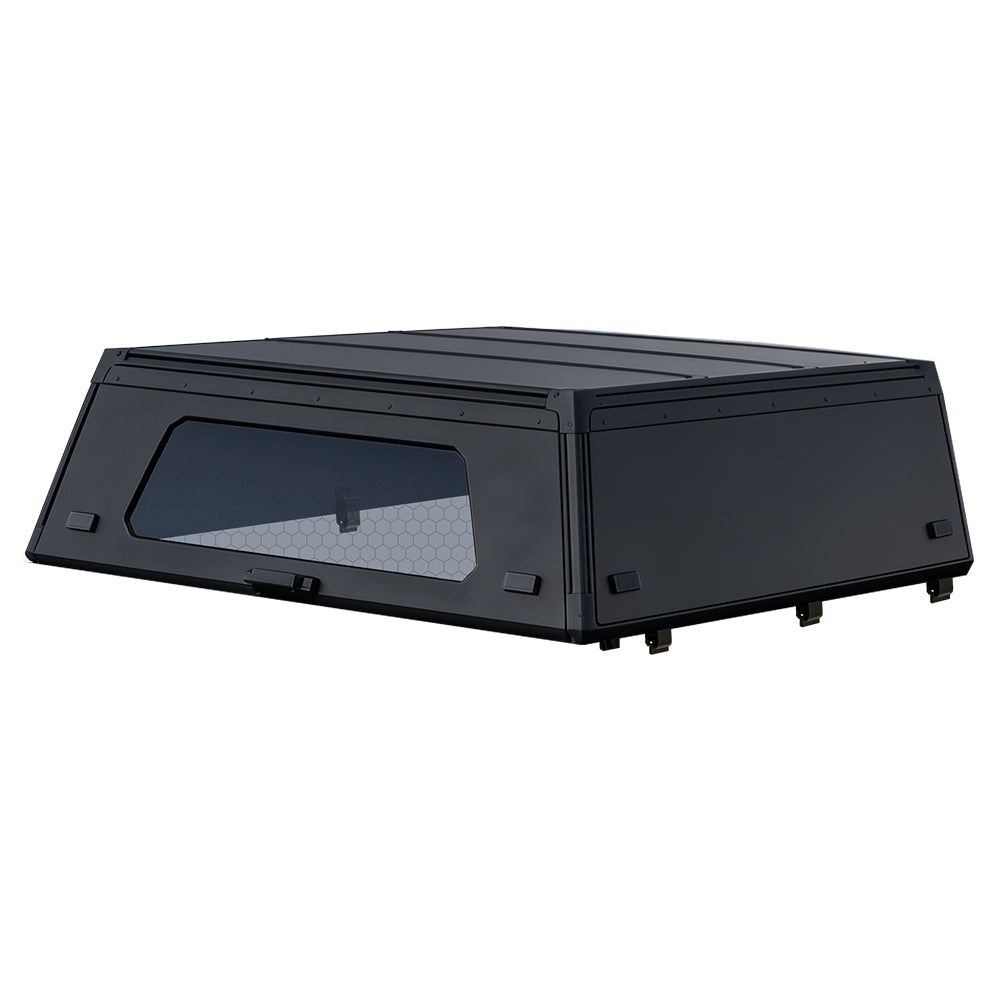 A black hardtop tent with a large dark tinted window on the front, shown from a three-quarters perspective against a solid white background.