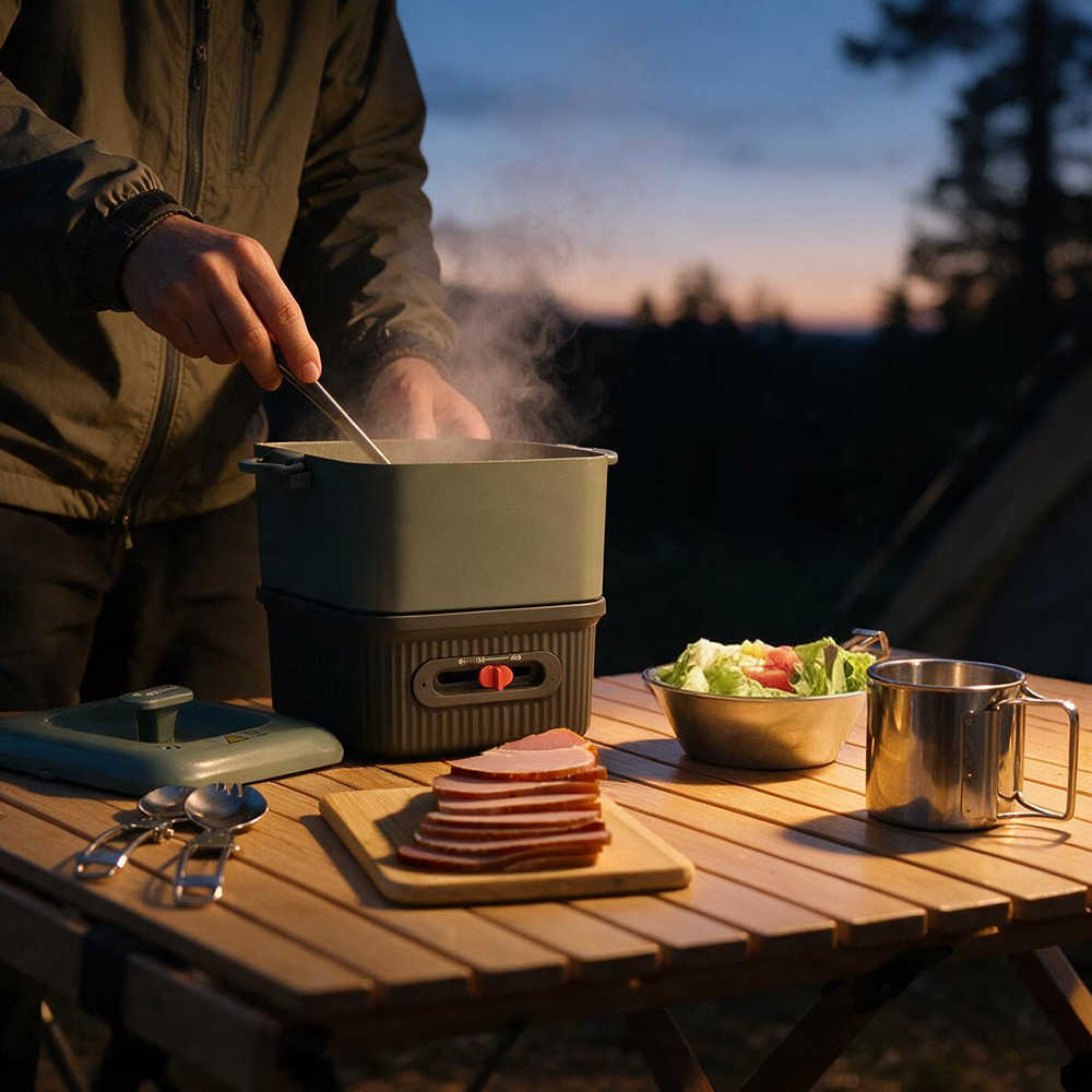A person cooking at dusk over an outdoor camping stove set on a wooden table, with sliced meat, a bowl of salad, and a metal cup nearby.