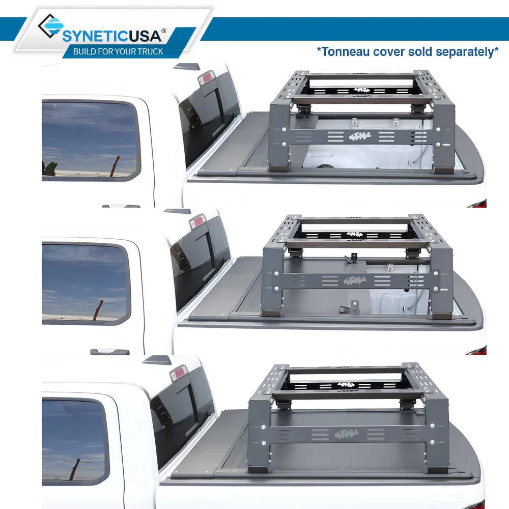SYNETICUSA truck bed cover system with a white truck in the background