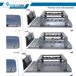 SYNETICUSA truck bed cover system with a white truck in the background