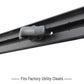 Close-up of a dark gray plastic mounting clip attached to a black metal utility rail, with text below reading 'Fits Factory Utility Cleats' on a white background.