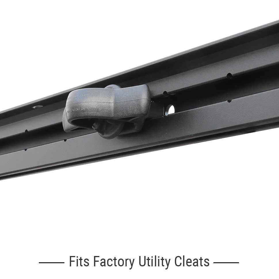 Close-up of a dark gray plastic mounting clip attached to a black metal utility rail, with text below reading 'Fits Factory Utility Cleats' on a white background.