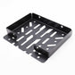 A black metal panel with pre-drilled holes and cutouts, shown on a plain white background.