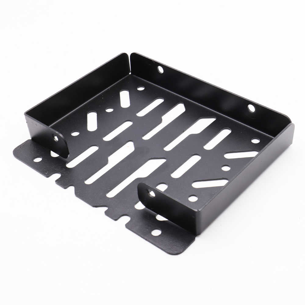 A black metal panel with pre-drilled holes and cutouts, shown on a plain white background.