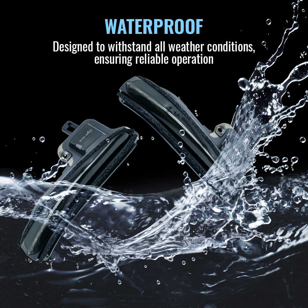 Two mirror blinkers with water splashing around them on a black background, emphasizing waterproof feature.