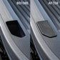 A side-by-side before and after comparison showing a textured black protective mat applied to a gray vehicle door panel. The left 'BEFORE' side shows a dark recessed area, while the right 'AFTER' side shows a raised textured mat with a small black mesh cover.