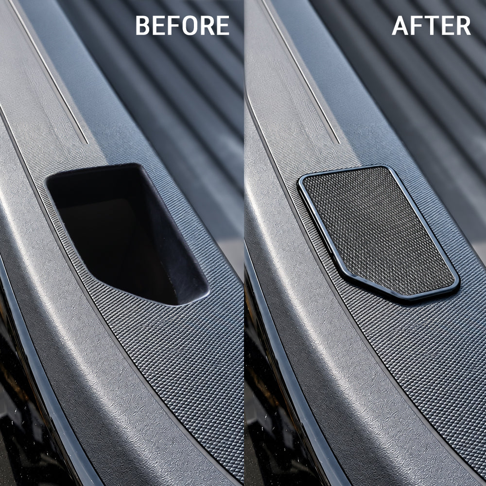 A side-by-side before and after comparison showing a textured black protective mat applied to a gray vehicle door panel. The left 'BEFORE' side shows a dark recessed area, while the right 'AFTER' side shows a raised textured mat with a small black mesh cover.