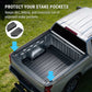 Silver pickup truck bed with installed dark gray stake pockets, shown outdoors on grass with marketing text and inset product circles explaining protection against dirt, debris, and moisture.