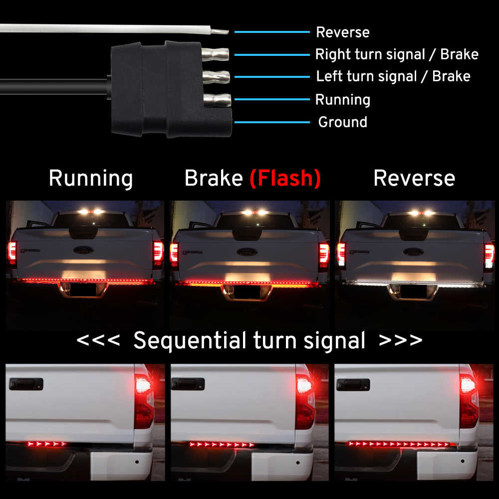 LED trailer light bar with wiring diagram and light patterns on a black background