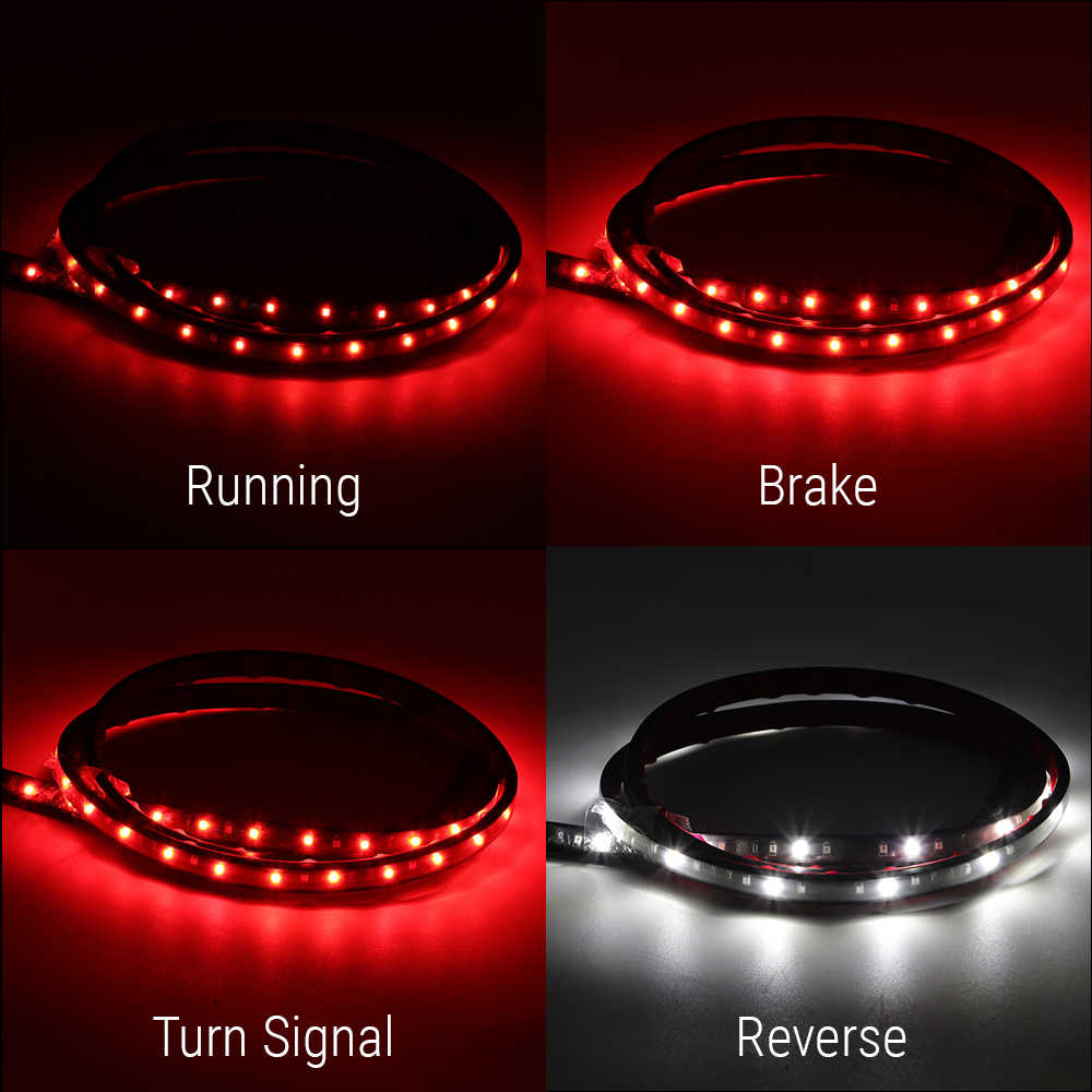 LED strip lights showing different functions on a dark background