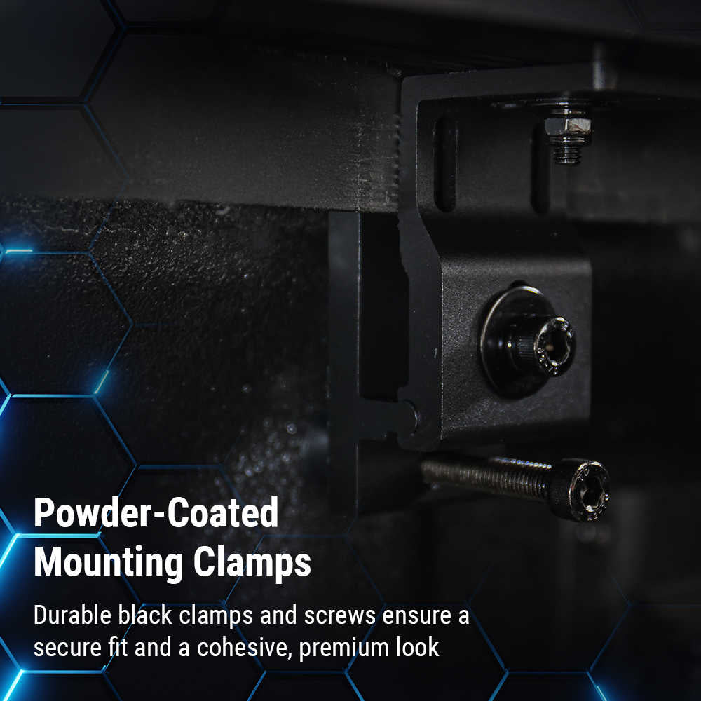 Powder-coated mounting clamps with text on a dark background