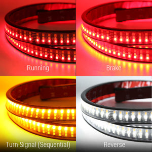 LED strip lights showing different color modes on a white background.