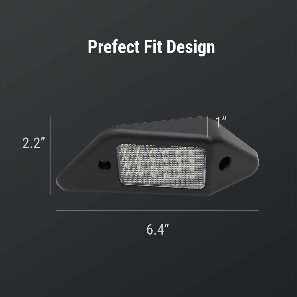 Car license plate light with dimensions on a dark background