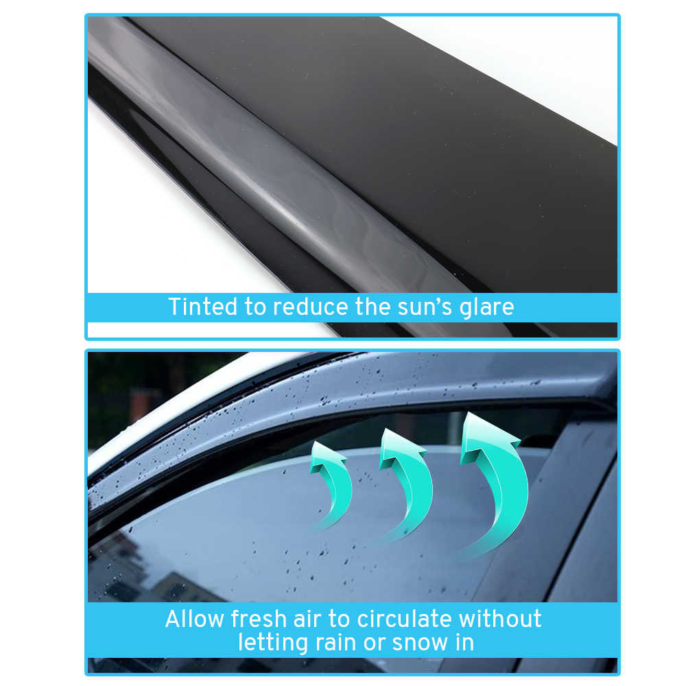 Car window with tinted film showing text about reducing glare and allowing air circulation.