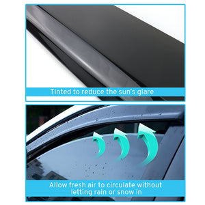 Car window with tinted film showing text about reducing glare and allowing air circulation.