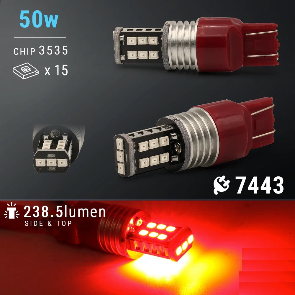 Red LED 7443 bulbs with specifications on a dark background