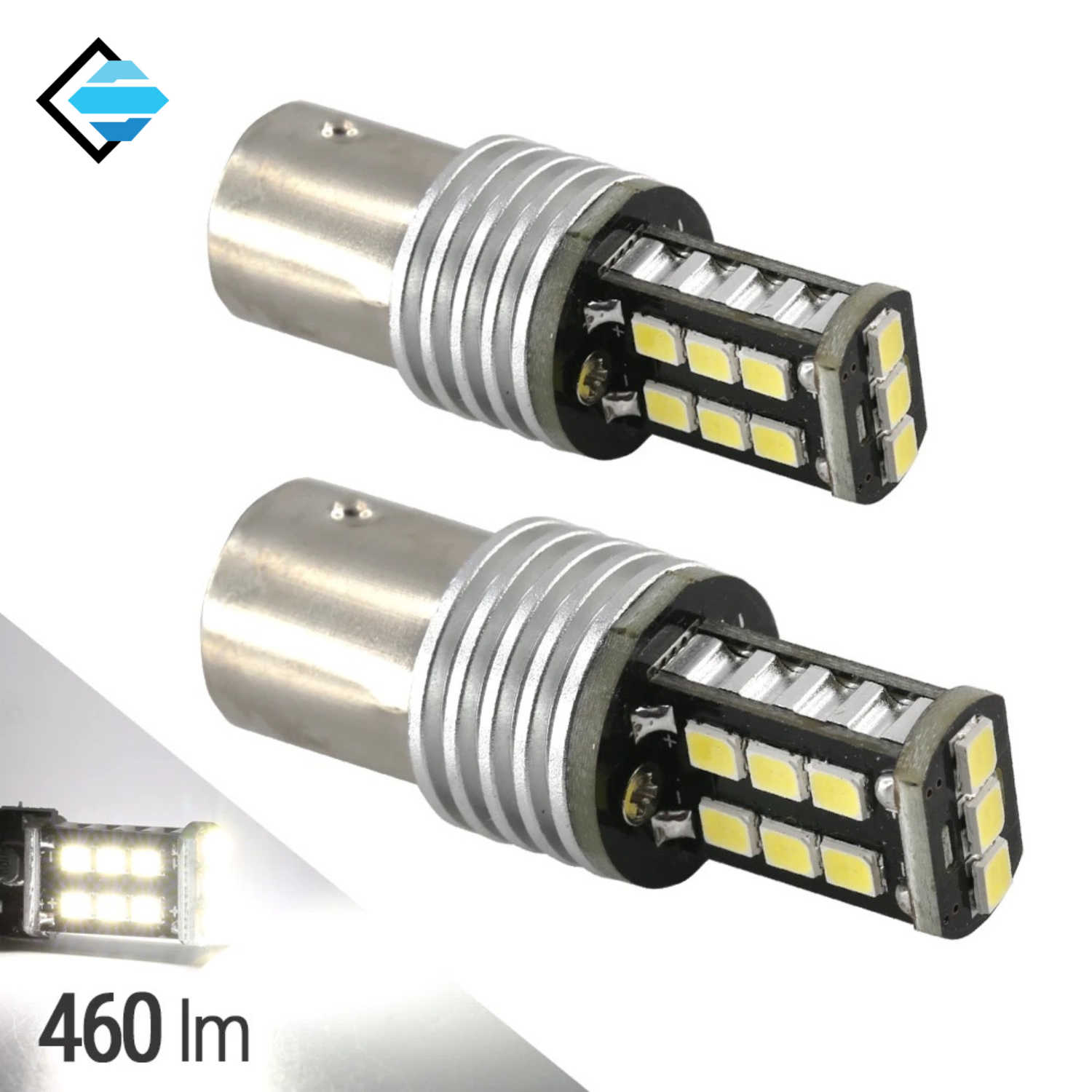 Two 1157 white LED bulbs with a clear background