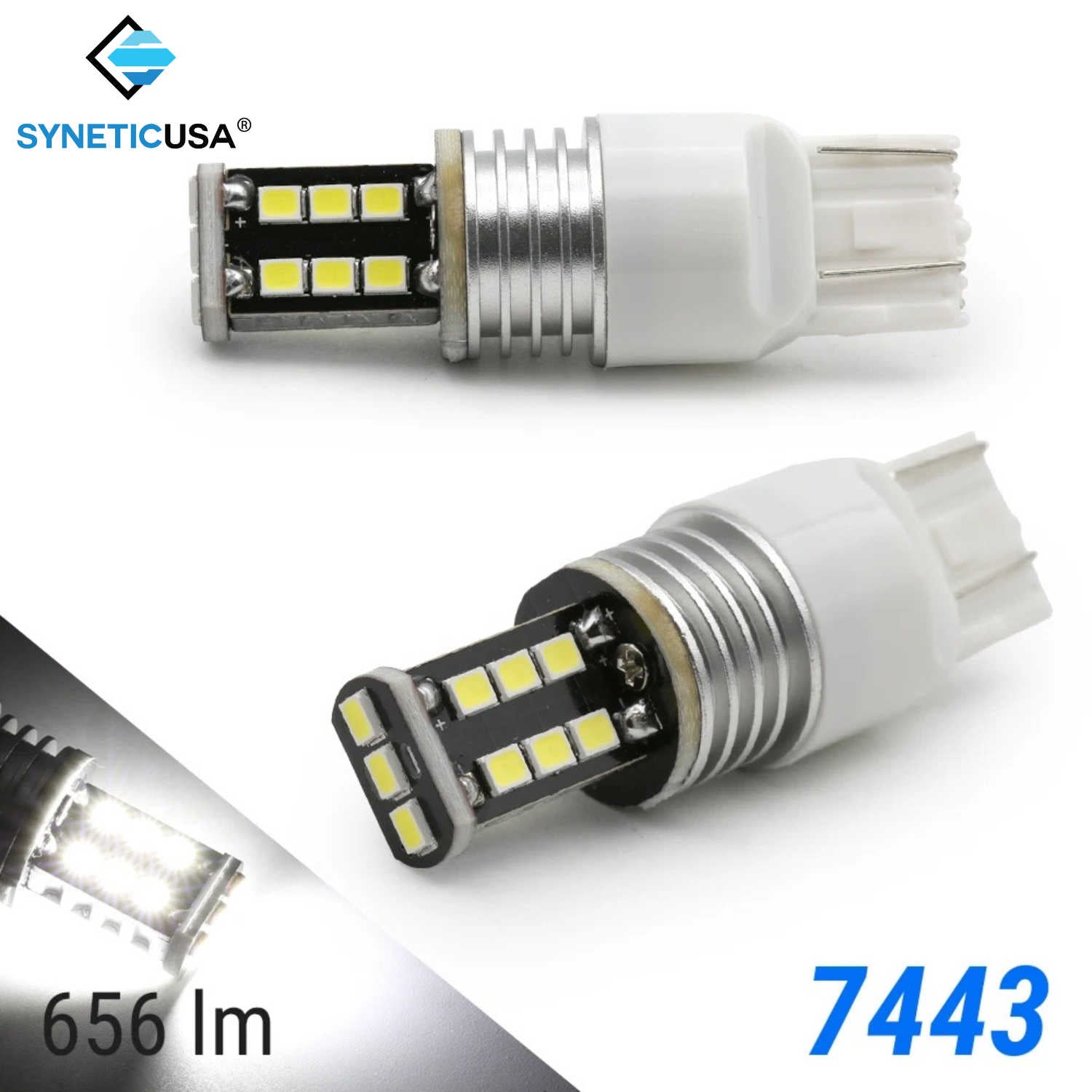Two white LED bulbs with 'SYNETICUSA' branding on a white background