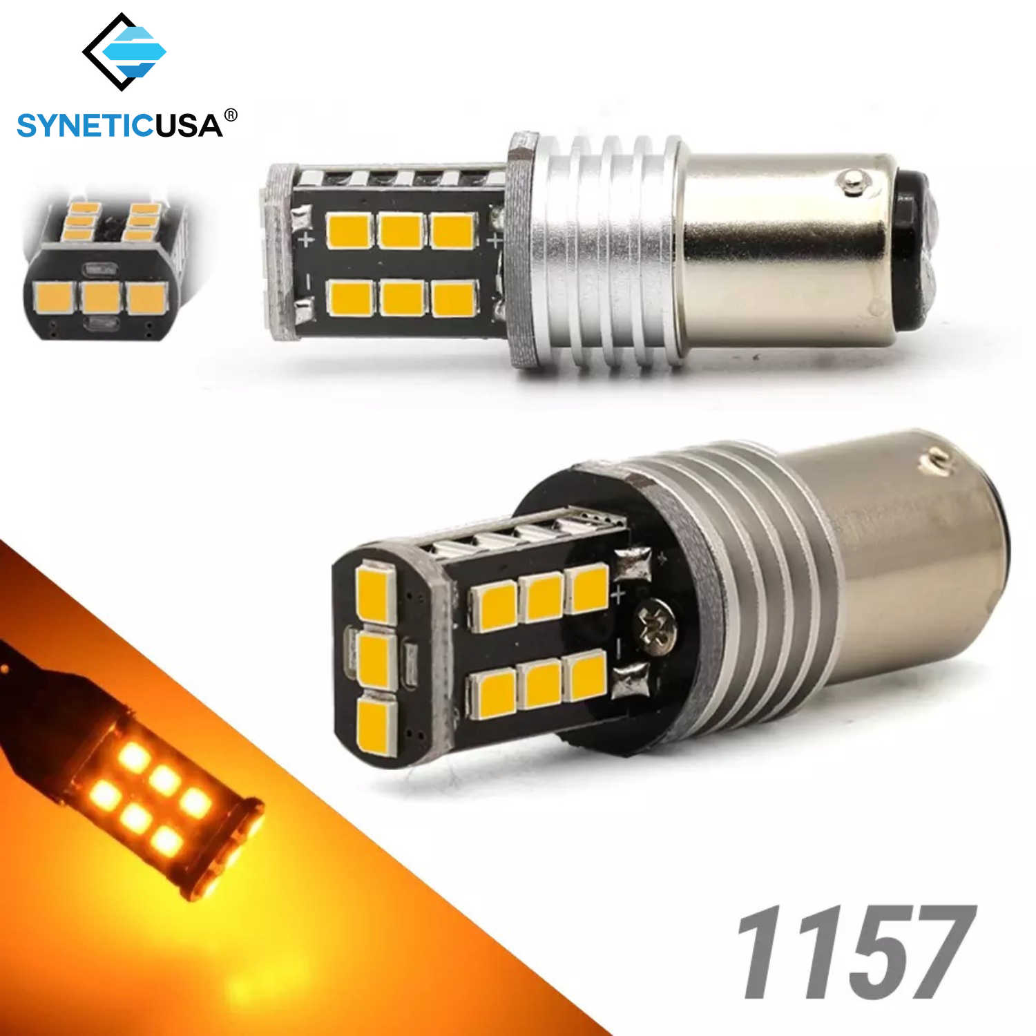 SYNETICUSA 1157 LED yellow bulbs on a white background