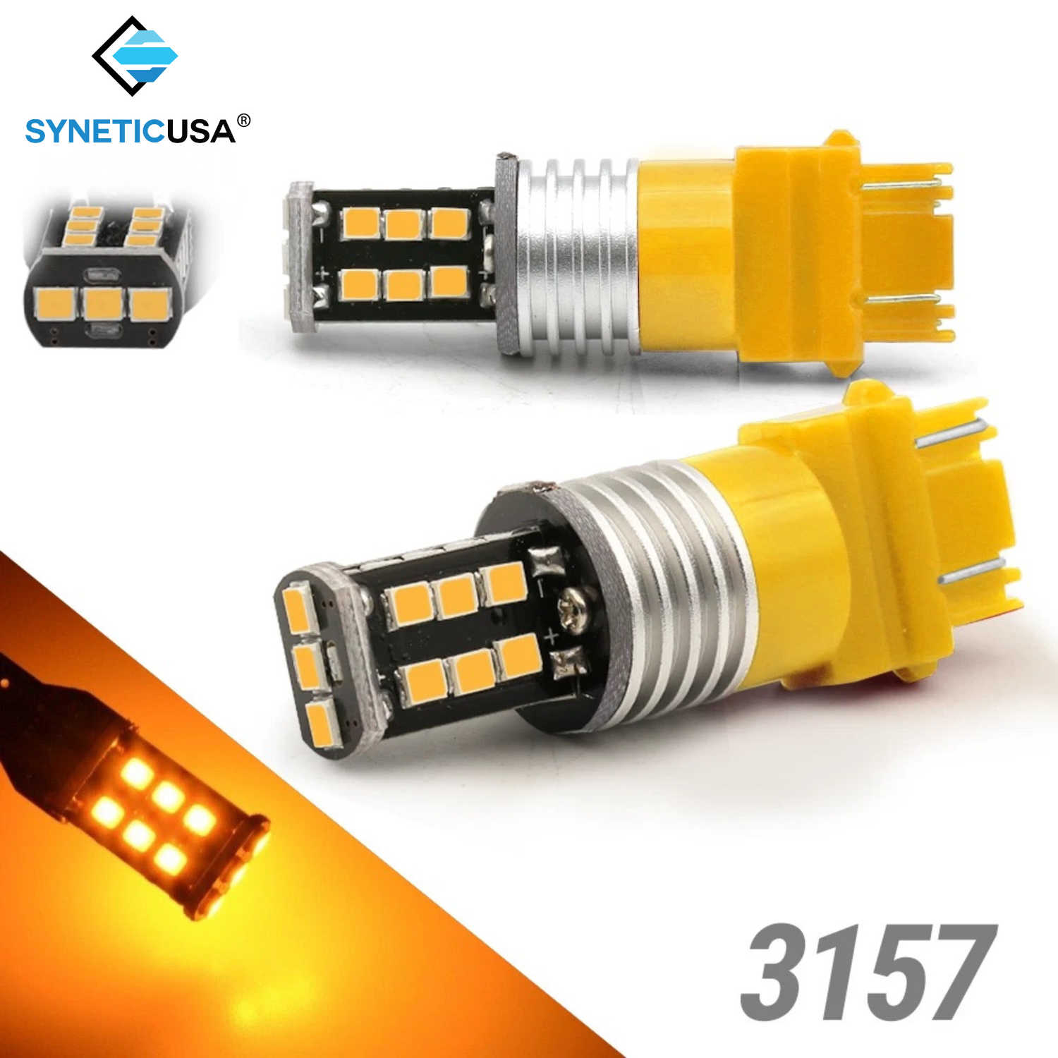 Two yellow LED bulbs with 'SYNETICUSA' branding on a white background.